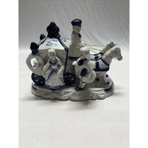 Vintage Blue on White Hand Painted Porcelain Carriage Figurine